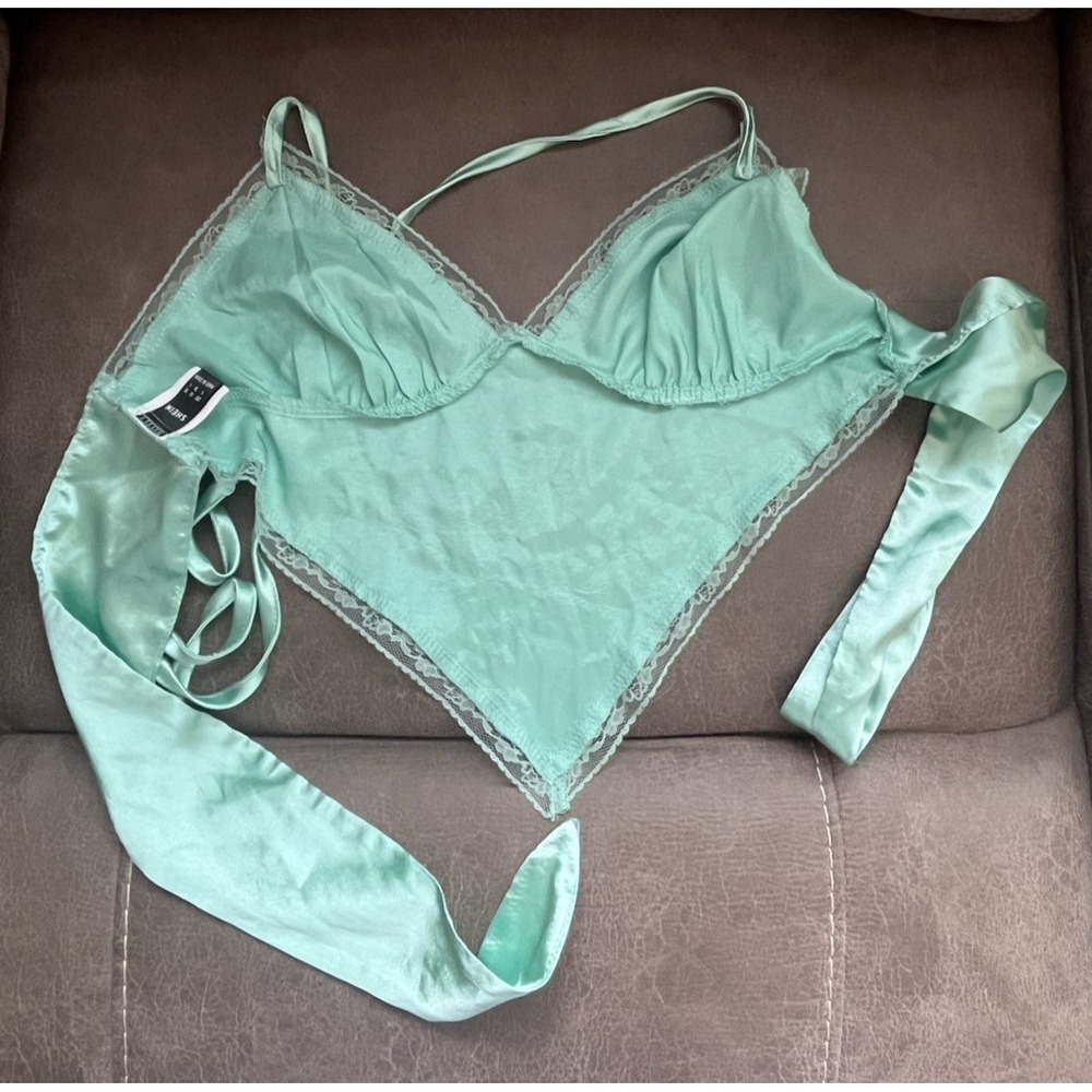 Shein Green Top Women S Lace Satin Cropped Fairy‎ Hippie Boho Cottagecore Beachy - Picture 4 of 5